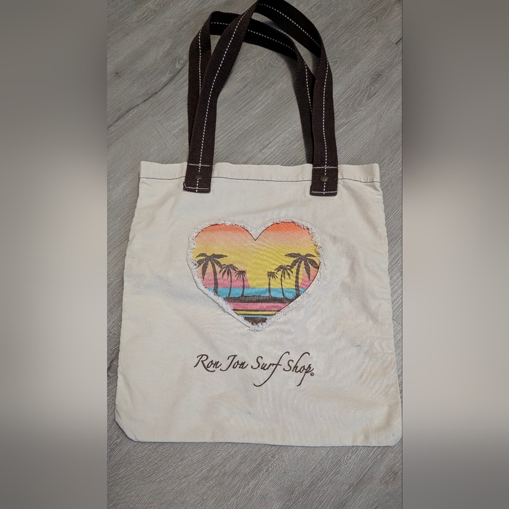 Ron Jon Cream & Brown Tote Bag with Sunset Palm Tree Heart Design